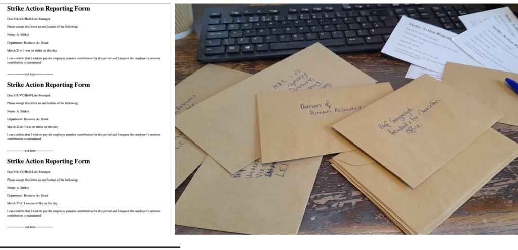 Two images side by side. On the left it shows a printout from the strike reporitng form that includes several declarations. On the left are addressed envelopes containing the printouts.