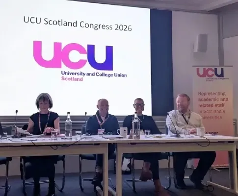 Four people sit in front of a screen with UCU Scotland Congress 2026 on it