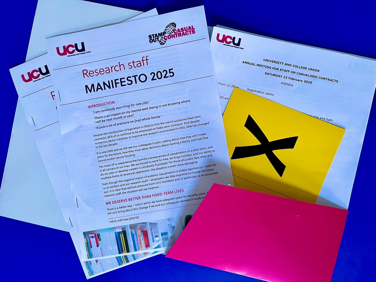 Documents from the annual meeting, showing a yellow voting card, research staff manifesto and agenda paper in a pink UCU fold