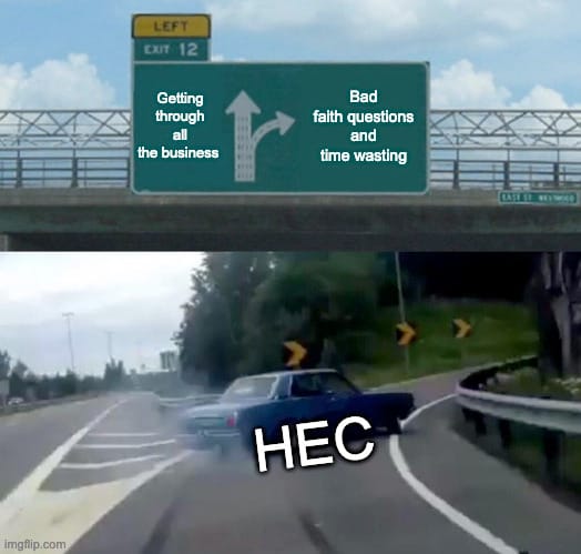 A car, labelled 'HEC' at a road junction, taking the turning towards 'bad faith questions and time-wasting' over the turn say